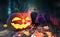Halloween. Pumpkin 3D illustration. Jack Pumpkinhead. All saints night. Glowing pumpkin