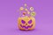 Halloween pumpkin basket full of colorful candies and sweets on purple background, traditional october holiday, 3d rendering