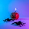 Halloween pumpkin. Black night spider, scary spooky pumpkin on night neon helloween background. Minimalistic background