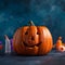 Halloween, pumpkin on blue background, background for halloween, festive spirit