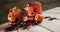 Halloween pumpkin buckets full of halloween candies on wooden surface