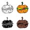 Halloween pumpkin burger sketch style in four options. Lines filled, colored and mono color