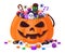 Halloween pumpkin with candies. Cartoon sweets pumpkin basket, lollipops, jelly treats and candy cane vector