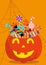 Halloween pumpkin with candies. Cartoon sweets pumpkin basket, lollipops, jelly treats and candy cane vector illustration. Pumpkin