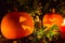 Halloween pumpkin. Candles, bat and glowing pumpkin. Harvest for Halloween. Dark atmosphere for holiday