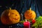 Halloween pumpkin. Candles, bat and glowing pumpkin. Harvest for Halloween. Dark atmosphere for holiday