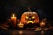 Halloween Pumpkin, Candles, And Dry Leaves Set Scene
