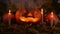 Halloween pumpkin and candles on leaves and smoke