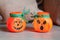 Halloween pumpkin candlestick, concept of holiday activity, handcraft creative.