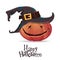 Halloween pumpkin carving in black witch hat. Cartoon vector.