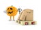 Halloween pumpkin character with hand pallet truck with cardboard boxes