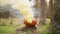 Halloween pumpkin with colored smoke in the autumn forest