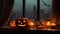 Halloween pumpkin with an evil carved muzzle in a festive interior, Witch\\\'s Night or All Saints\\\' Eve.