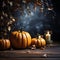 Halloween pumpkin with an evil carved muzzle in a festive interior, Witch\\\'s Night or All Saints\\\' Eve.