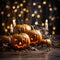 Halloween pumpkin with an evil carved muzzle in a festive interior, Witch\\\'s Night or All Saints\\\' Eve.