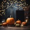 Halloween pumpkin with an evil carved muzzle in a festive interior, Witch\\\'s Night or All Saints\\\' Eve.