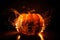 Halloween pumpkin exploding with light and glowing splashes and sparkles, AI generative orange illustration on black