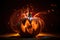 Halloween pumpkin exploding with light and glowing splashes and sparkles, AI generative orange illustration on black