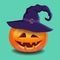 Halloween pumpkin face - creepy smile Jack o lantern in magic hat
