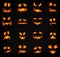 Halloween Pumpkin Faces Scary Smiles on Dark. Spooky Ghost Smiley Horror Characters Set.