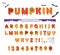 Halloween pumpkin font. Cute colorful letters and numbers with cpooky creepy faces. Cartoon funny alphabet for kids