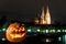 Halloween pumpkin in front of Cathedral and Danube river in germany, Germany