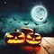 Halloween Pumpkin. Glowing Jack in a dark mist Forest. Elements of this image furnished by NASA