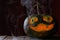 Halloween pumpkin glowing, with smoke, spooky carved