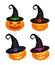 Halloween pumpkin in hat vector set illustration, Jack O Lantern isolated on white background. Scary orange picture with eyes and