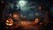 Halloween pumpkin head jack lantern and burning candles