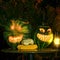 Halloween pumpkin head jack lantern with burning candles in a scary deep night garden, Glowing burning face, trick or treat.