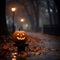 Halloween pumpkin head jack o lantern in foggy autumn park while dusk. Halloween October Holiday