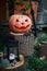 Halloween pumpkin head lantern with eyes and a face on a stump