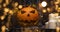 Halloween, pumpkin head with a sinister grin. Lights instead of eyes. the atmosphere Of the holiday of the dead Halloween.