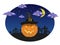 Halloween pumpkin head wearing a black witch hat and grave silhouette with the cross on night sky background with crescent moon cl