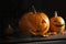 Halloween pumpkin heads. Jack lanterns on windowsill