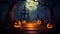 Halloween pumpkin heads jack o lantern and candles on wooden background