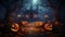 Halloween pumpkin heads jack o lantern and candles on wooden background