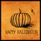 Halloween pumpkin ink stroke sketch on orange textured background with splatter stain. Minimal seasonal greeting card and poster