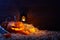 Halloween pumpkin jack lantern in dark barn, holiday concept