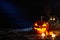 Halloween pumpkin jack lantern in dark barn, holiday concept