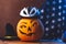 Halloween pumpkin, Jack-o-lantern in Bicycle helmet, us flag