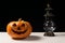 Halloween pumpkin and lamp. Happy Halloween holiday background with old vintage lamp