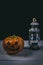 Halloween pumpkin and lamp. Happy Halloween holiday background with old vintage lamp