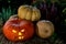 Halloween pumpkin lantern head jack, burning eyes on an autumn background