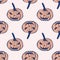 Halloween pumpkin lanterns with creepy faces, hand drawn vector seamless pattern