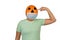 Halloween pumpkin in a medical mask. Surgical protective mask. woman with orange evil mask.