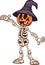 Halloween pumpkin monster with skeleton body and witch hat