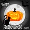 Halloween pumpkin on Moon background,creepy cat and bats.
