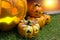 Halloween Pumpkin In A Mystic Forest At Night.Horror background